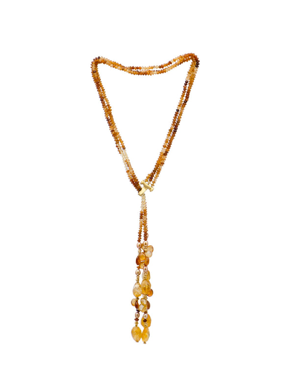 Citrine Garnet Triple Strand Lariat Necklace