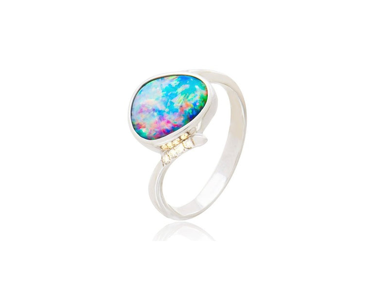 14K White Gold Diamond Doublet Opal Ring