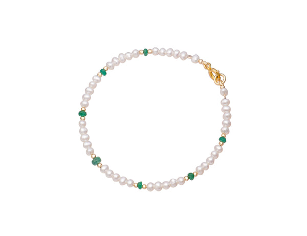 White Freshwater Pearl, Emerald & Gold Bead Bracelet