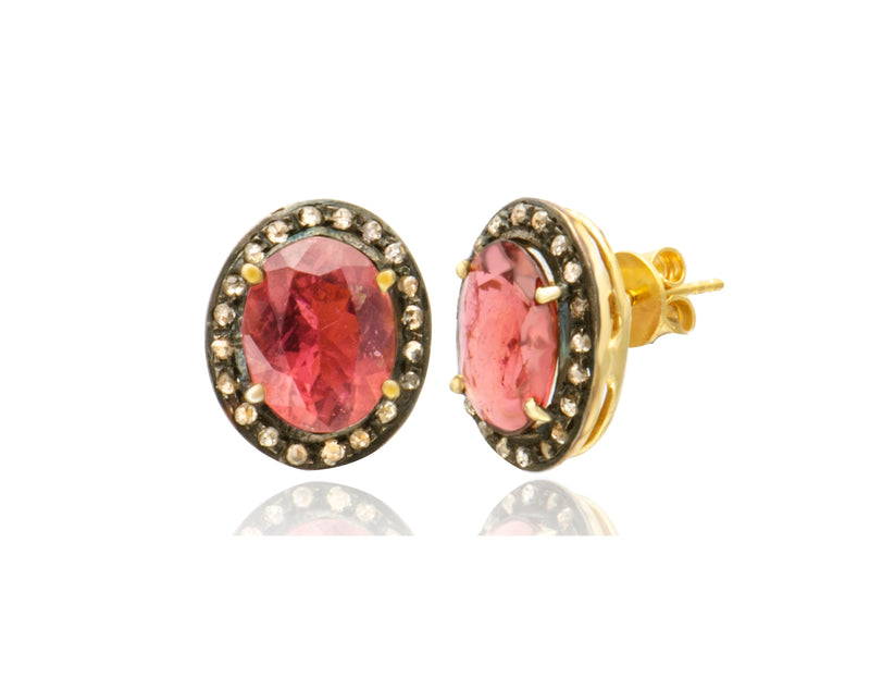 Pink Tourmaline Diamond Oval Stud Earrings