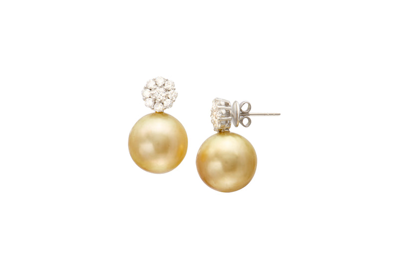 Golden South Sea Pearl Diamond Post Earrings