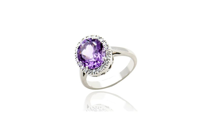 Sterling Silver Amethyst Oval Ring with Cubic Zirconia